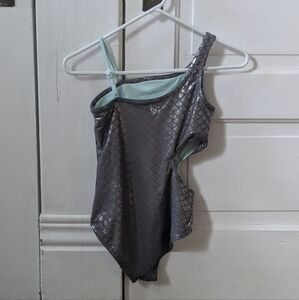 Justice girl' one piece bathing swimming suit gray turquoise fish scale print 12